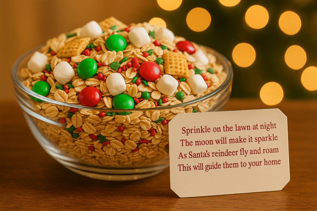 Bowl of festive reindeer food with oats, sprinkles, M&Ms, and marshmallows beside a holiday gift tag.