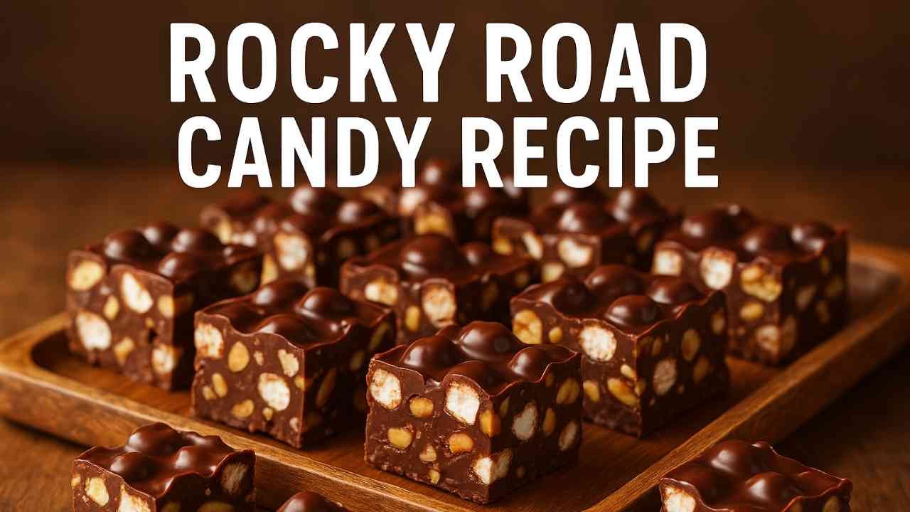 Rocky Road Candy cut into bars with chocolate, marshmallows, and nuts on a wooden tray.