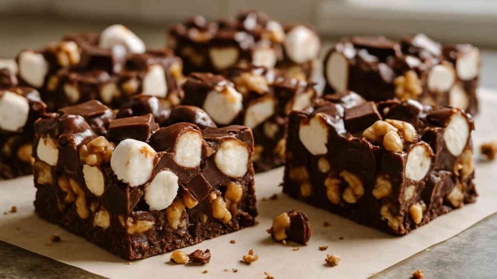 Close-up of Rocky Road Candy squares showing gooey marshmallows and crunchy walnuts on parchment paper.