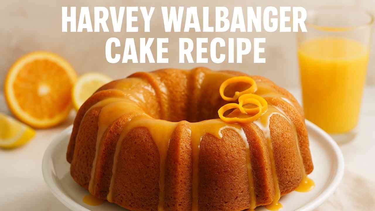 Harvey Wallbanger Bundt cake with orange glaze and zest, styled on a white stand.