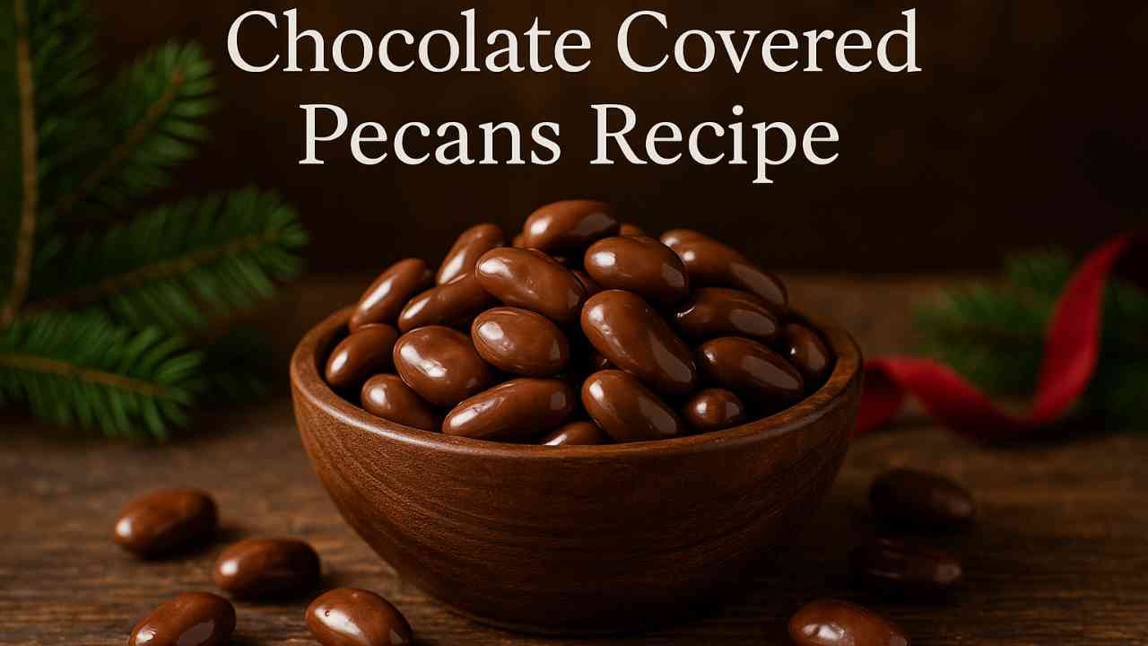 Bowl of chocolate covered pecans with scattered nuts on a rustic table.