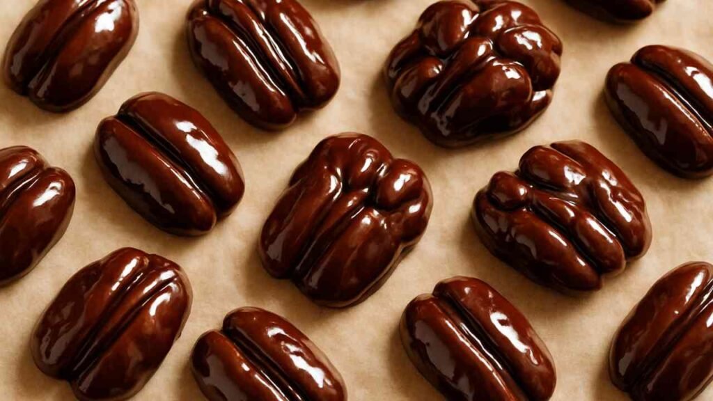 Close-up of glossy chocolate covered pecans on parchment paper.