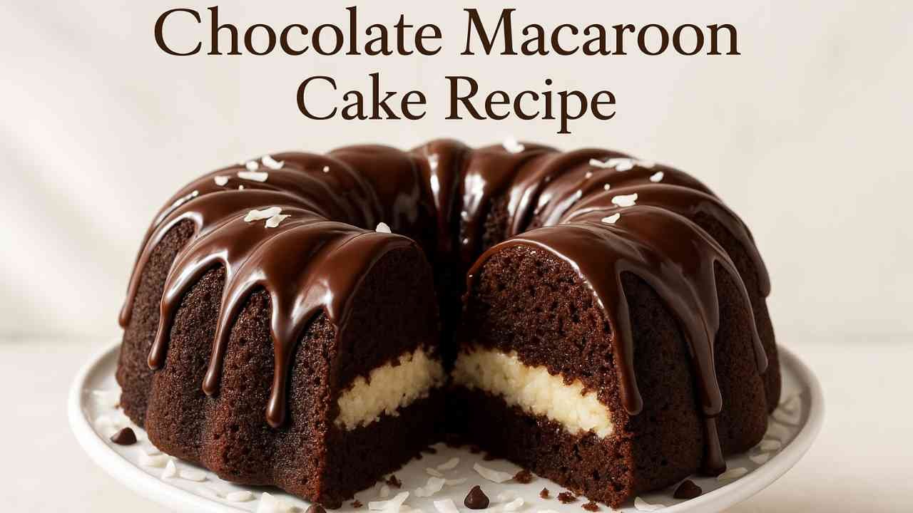 Chocolate Macaroon Bundt Cake sliced open to reveal creamy coconut filling, topped with chocolate glaze.