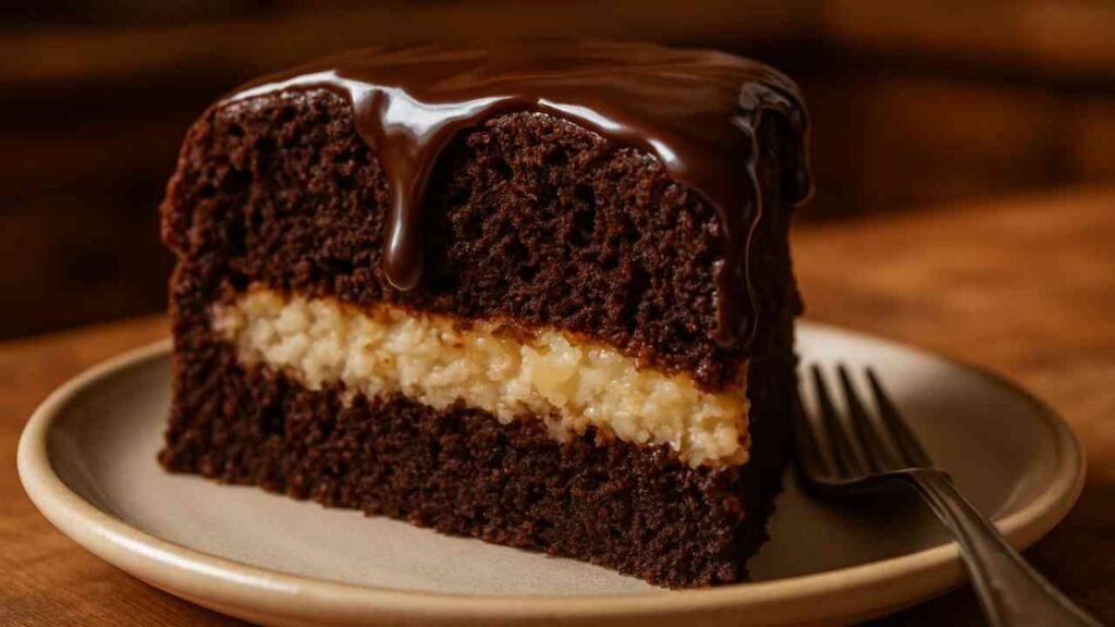 A slice of Chocolate Macaroon Cake on a plate showing coconut layer inside fudgy chocolate.