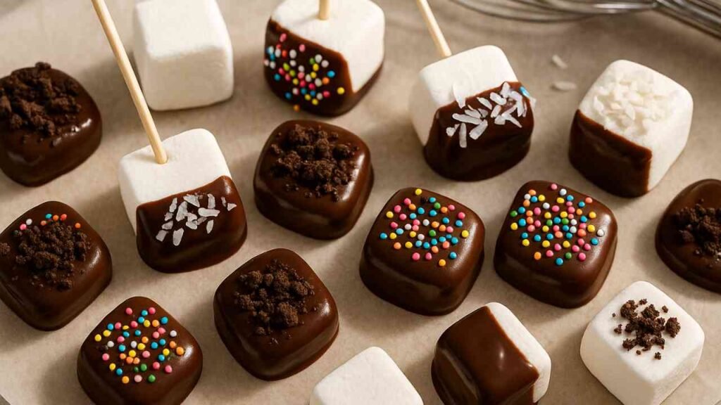 Close-up of assorted chocolate-dipped marshmallows with toppings like coconut and sprinkles.