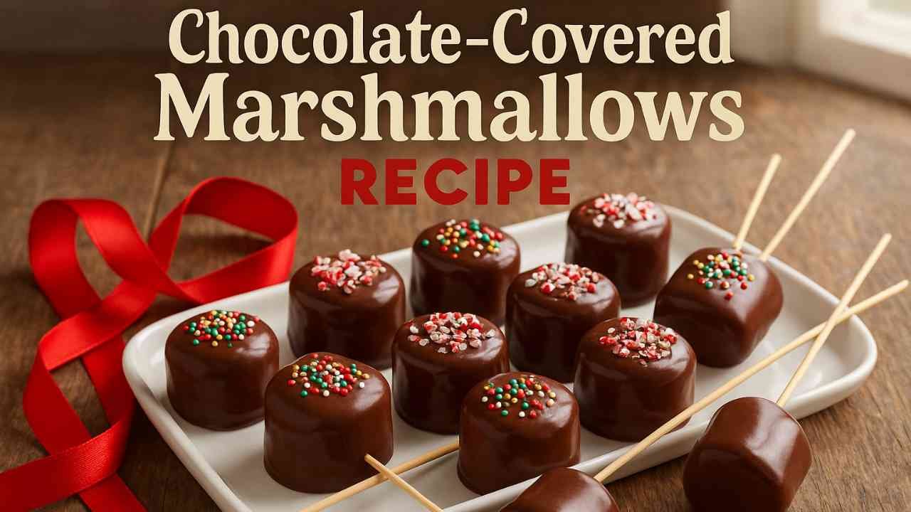 Chocolate-covered marshmallows with festive toppings on a tray with skewers and ribbons.