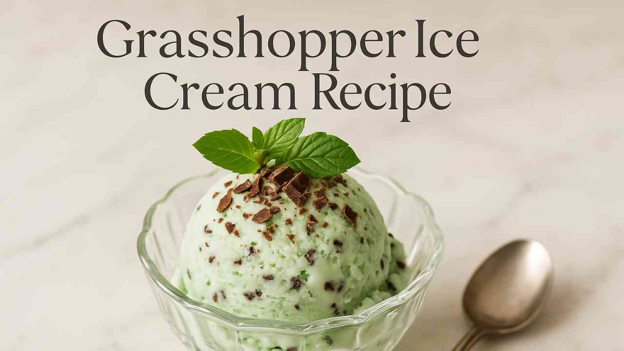 Scoop of mint green grasshopper ice cream in a glass bowl with chocolate shavings and mint garnish.