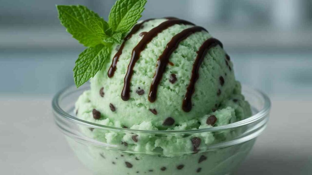 Close-up of mint chocolate grasshopper ice cream with mini chocolate chips and mint leaves.