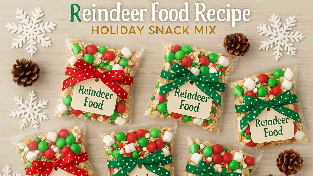 Holiday gift bags filled with colorful reindeer food snack mix, decorated with ribbons and tags.