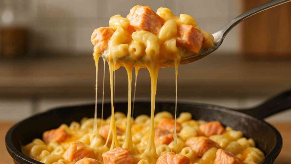Spoonful of salmon mac and cheese lifted from skillet with melted cheese and flaky salmon visible.