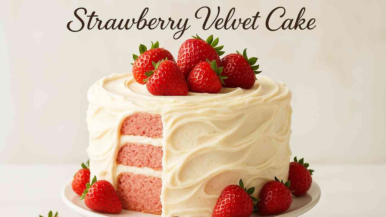 Whole Strawberry Velvet Cake with pink layers and cream cheese frosting topped with fresh strawberries.