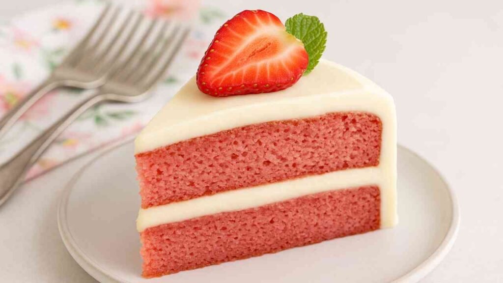 Slice of strawberry velvet cake on plate with pink interior and cream cheese frosting.