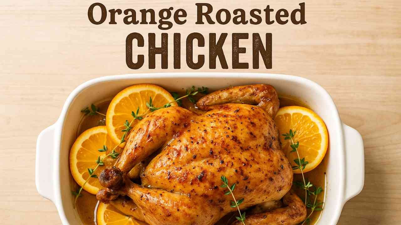 Whole orange-glazed roasted chicken with crispy skin and orange slices in a white baking dish.