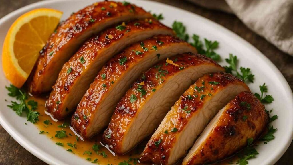 Sliced orange roasted chicken with crispy skin, served with orange zest and fresh herbs.