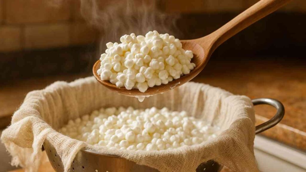 Cottage cheese curds draining in a cheesecloth-lined colander in a kitchen setting