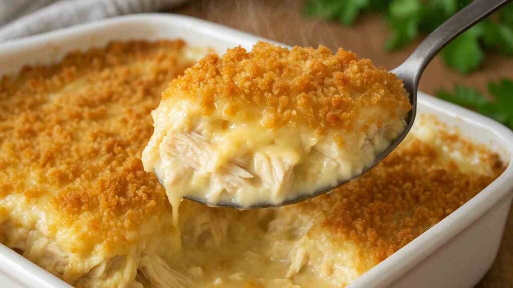 Spoon lifting a creamy Swiss Chicken Casserole from a baking dish.