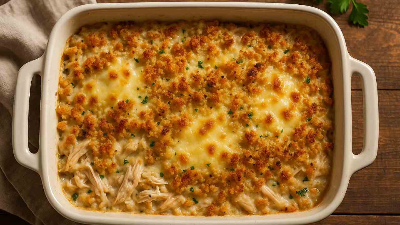 Swiss Chicken Casserole baked in a white dish with golden cheese and breadcrumbs on top.