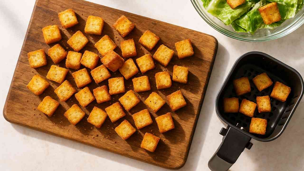 Golden air fryer croutons spread on wooden board with salad and fryer