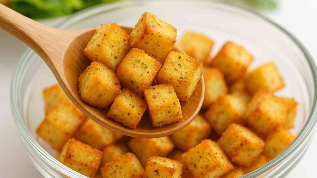 Wooden spoon scooping crispy air fryer croutons from glass bowl