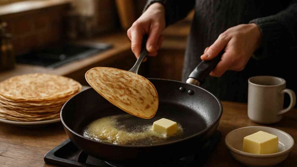 Flipping Norwegian pancakes in a frying pan